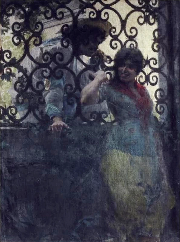 Convegno o Idillio al cancello, da 'Temi d'amore nella pittura di Egisto Lencerotto' - pag
